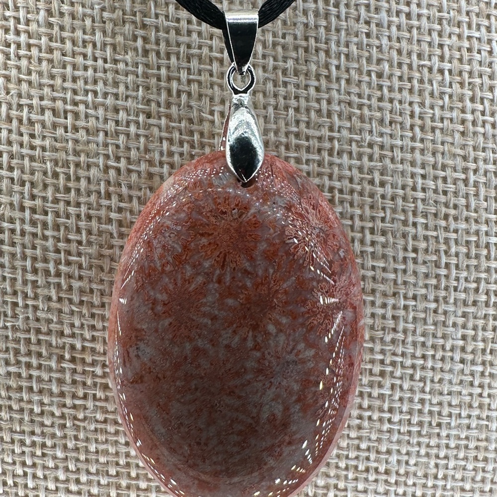 Orange and Pink/Lavender Coral Fossil Oval Pendant on Black Satin Rope - Picture 4 of 12